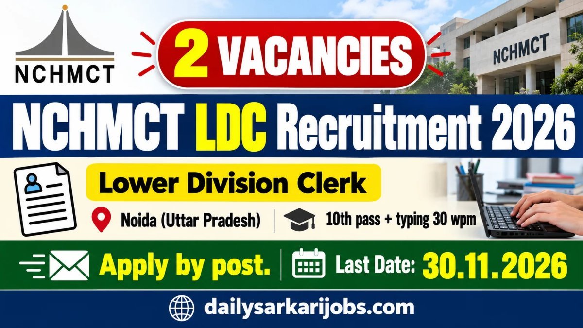 NCHMCT LDC Recruitment 2026 banner: 2 vacancies, Lower Division Clerk, Noida, apply by post, last date 30.11.2026