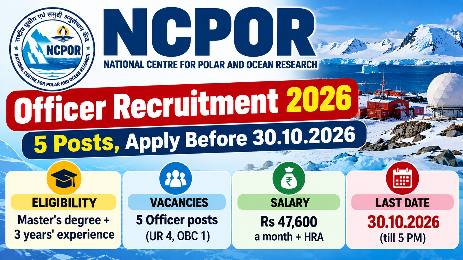 NCPOR Officer Recruitment 2026 poster showing 5 posts, qualification, salary and last date 30.10.2026