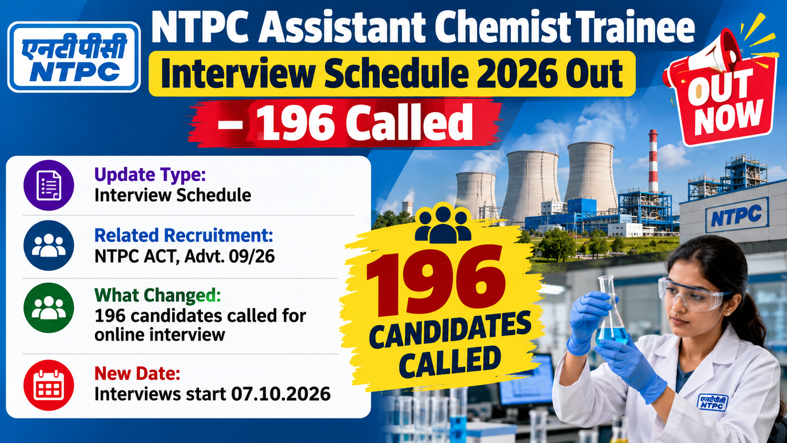 NTPC Assistant Chemist Trainee interview schedule 2026 out graphic showing 196 candidates called for online interview from 07.10.2026