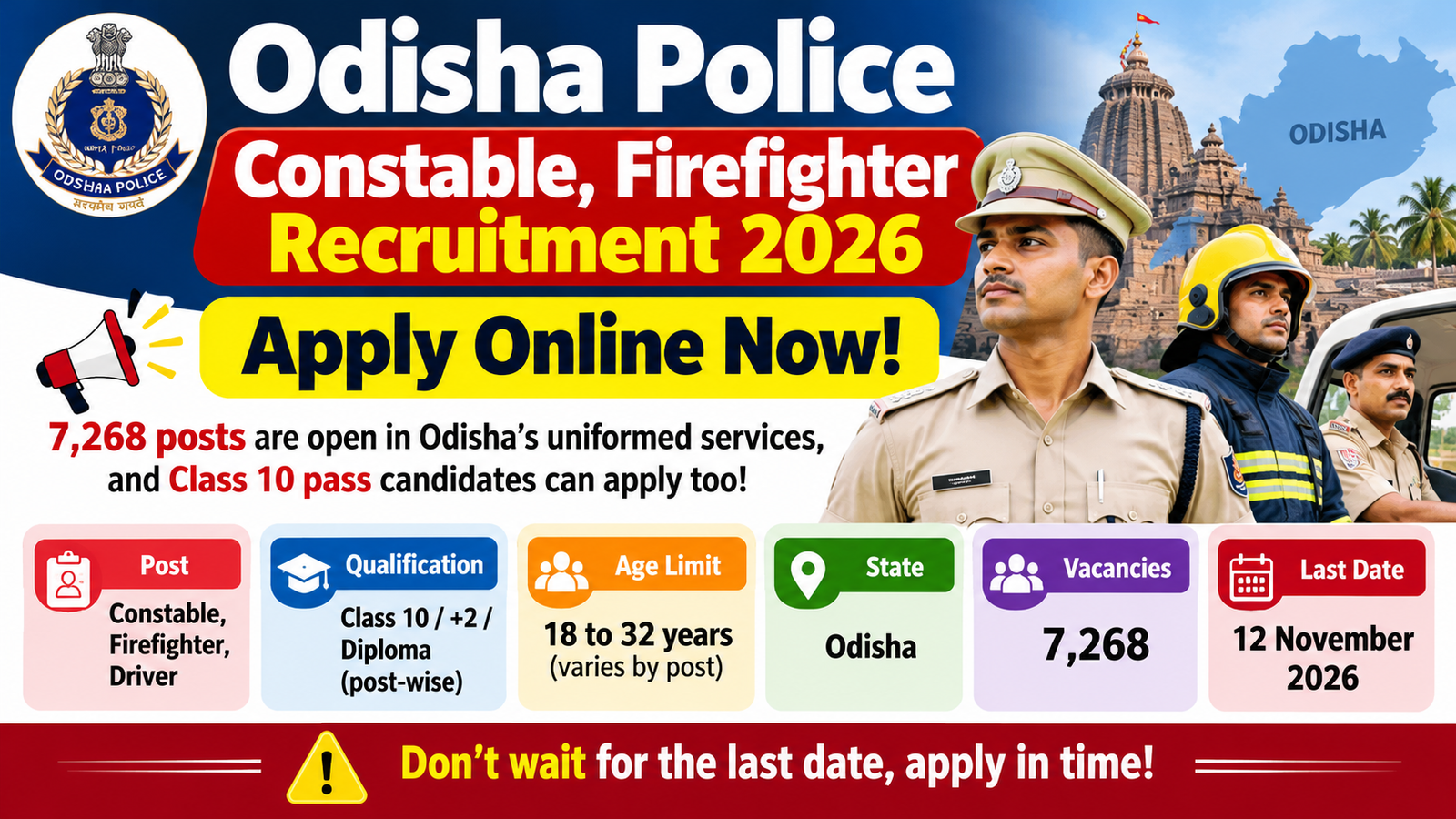 Odisha Police Constable, Firefighter Recruitment 2026 – 7268 posts, apply online by 12 November 2026