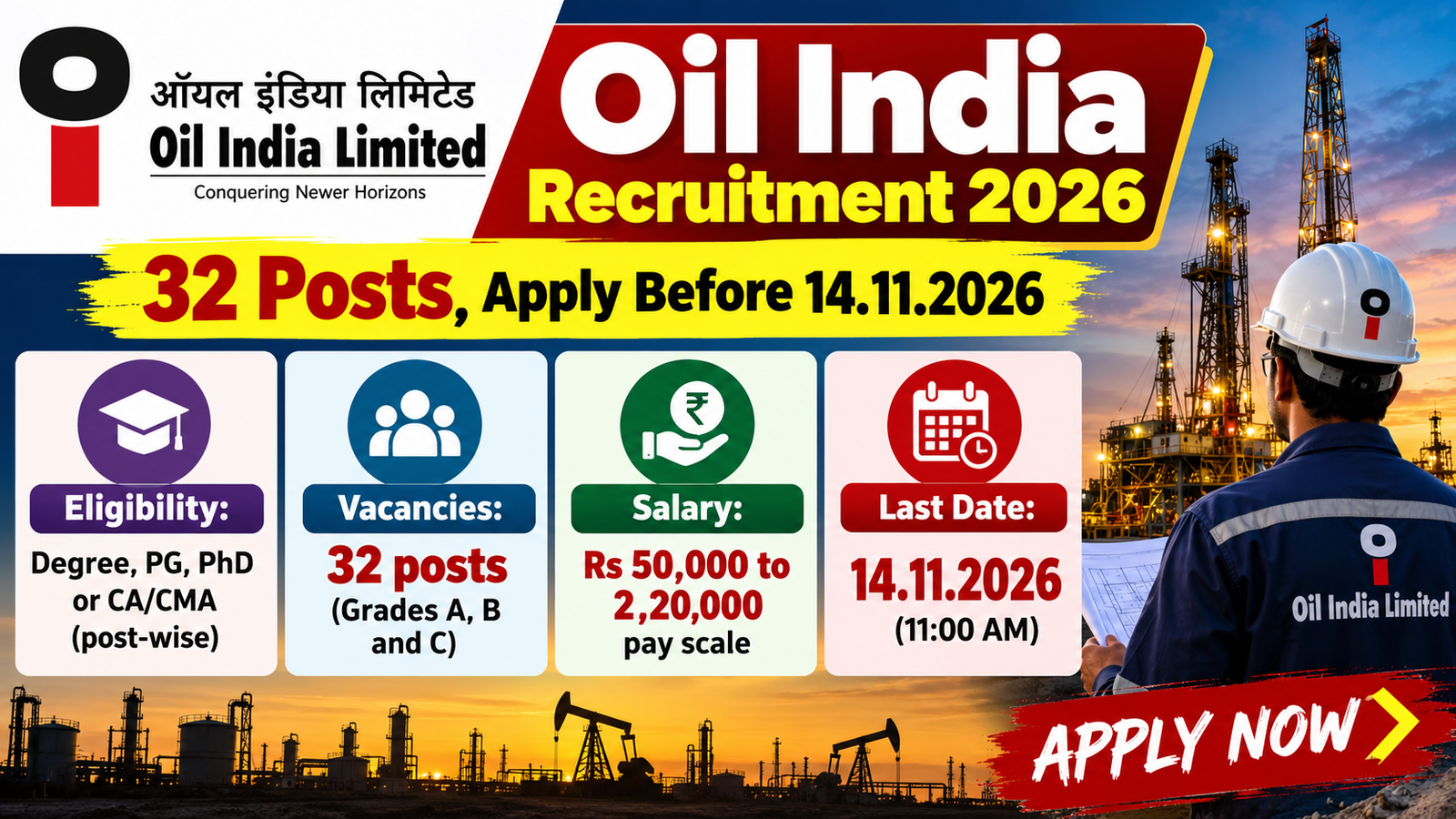 Oil India Recruitment 2026 banner – 32 Grade A, B and C posts, apply before 14.11.2026