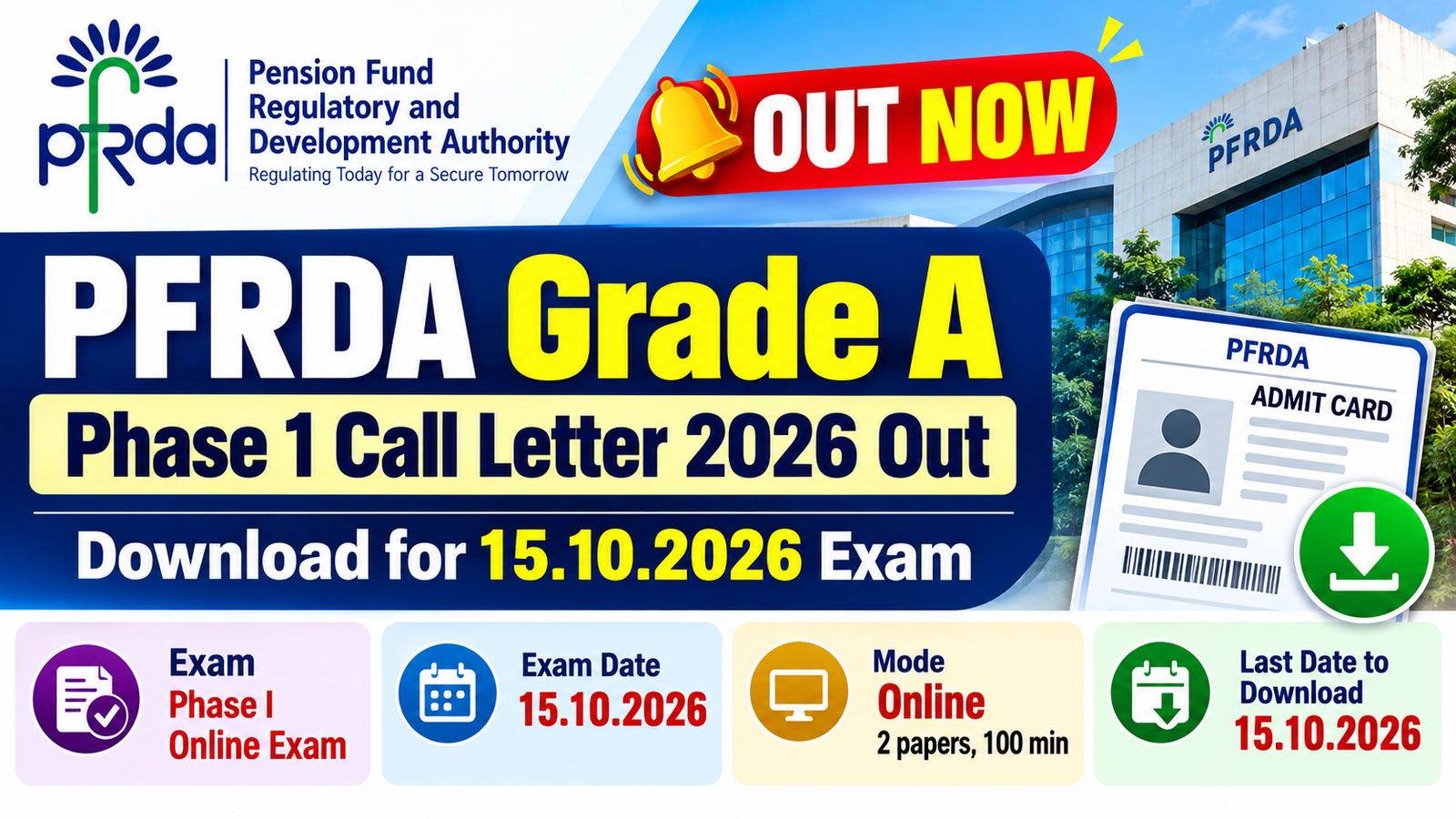 PFRDA Grade A Assistant Manager Phase I call letter 2026 banner - download from 08.10.2026 to 15.10.2026, exam on 15.10.2026
