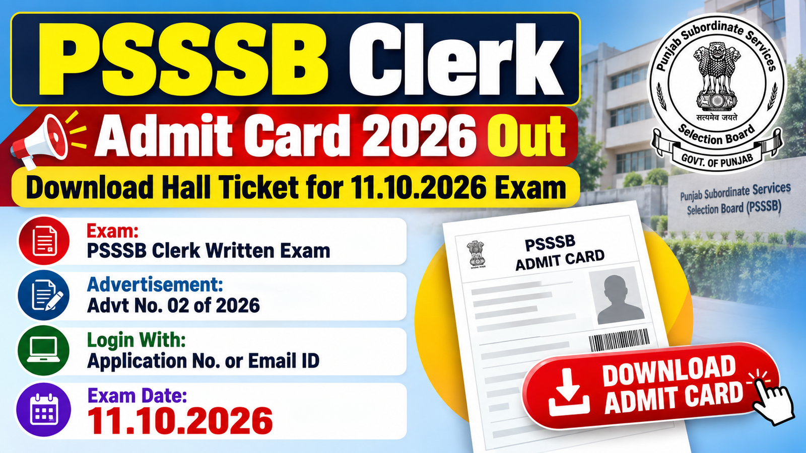 PSSSB Clerk Admit Card 2026 out – download hall ticket for the 11.10.2026 exam, Advt No. 02 of 2026