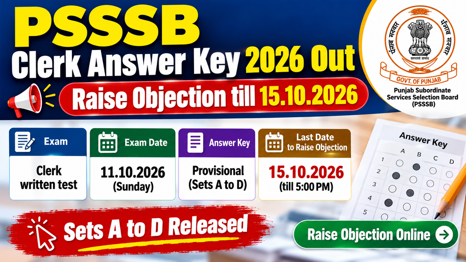 PSSSB Clerk answer key 2026 banner showing provisional answer key Sets A to D and objection last date 15.10.2026