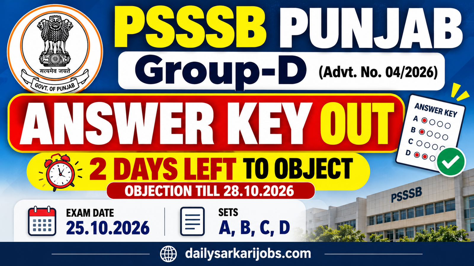 PSSSB Punjab Group-D Advt. No. 04/2026 answer key out for Sets A, B, C and D, objection till 28.10.2026