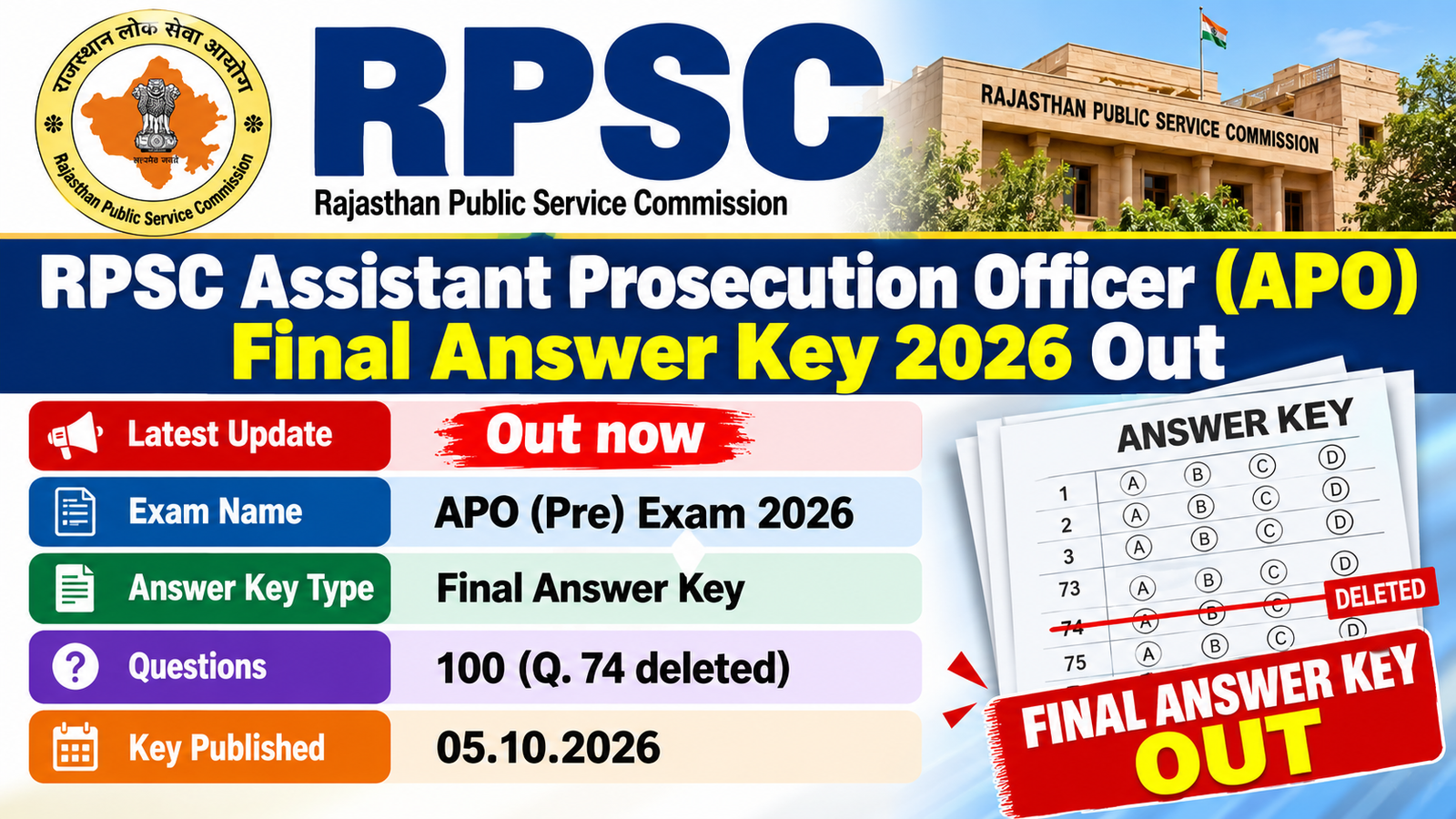 Banner: RPSC Assistant Prosecution Officer (APO) Final Answer Key 2026 Out, Pre Exam, Question 74 deleted, published 05.10.2026