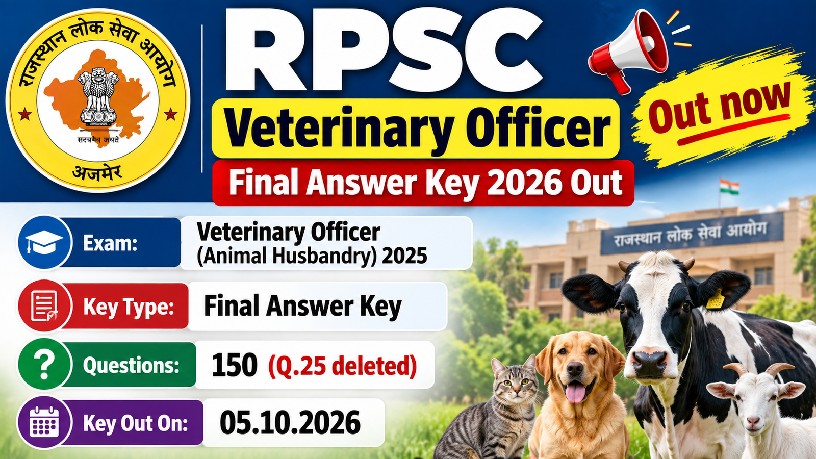 Banner: RPSC Veterinary Officer Final Answer Key 2026 Out, 150 questions, Question 25 deleted, published 05.10.2026