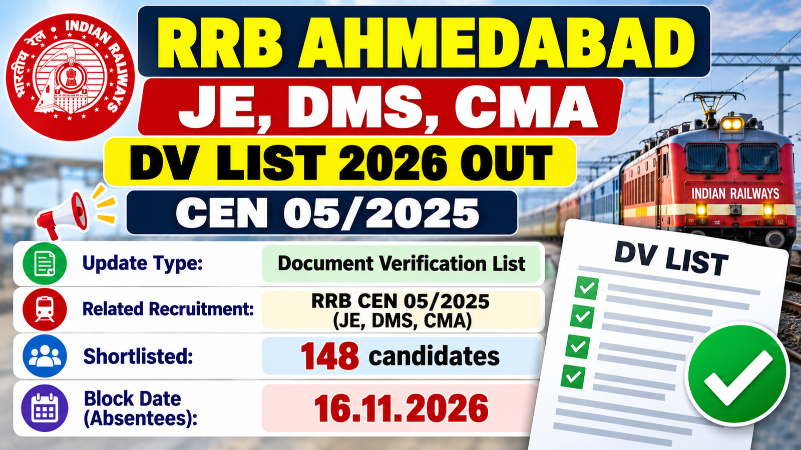 RRB Ahmedabad JE, DMS, CMA DV list 2026 out under CEN 05/2025 - 148 candidates shortlisted, block date 16.11.2026