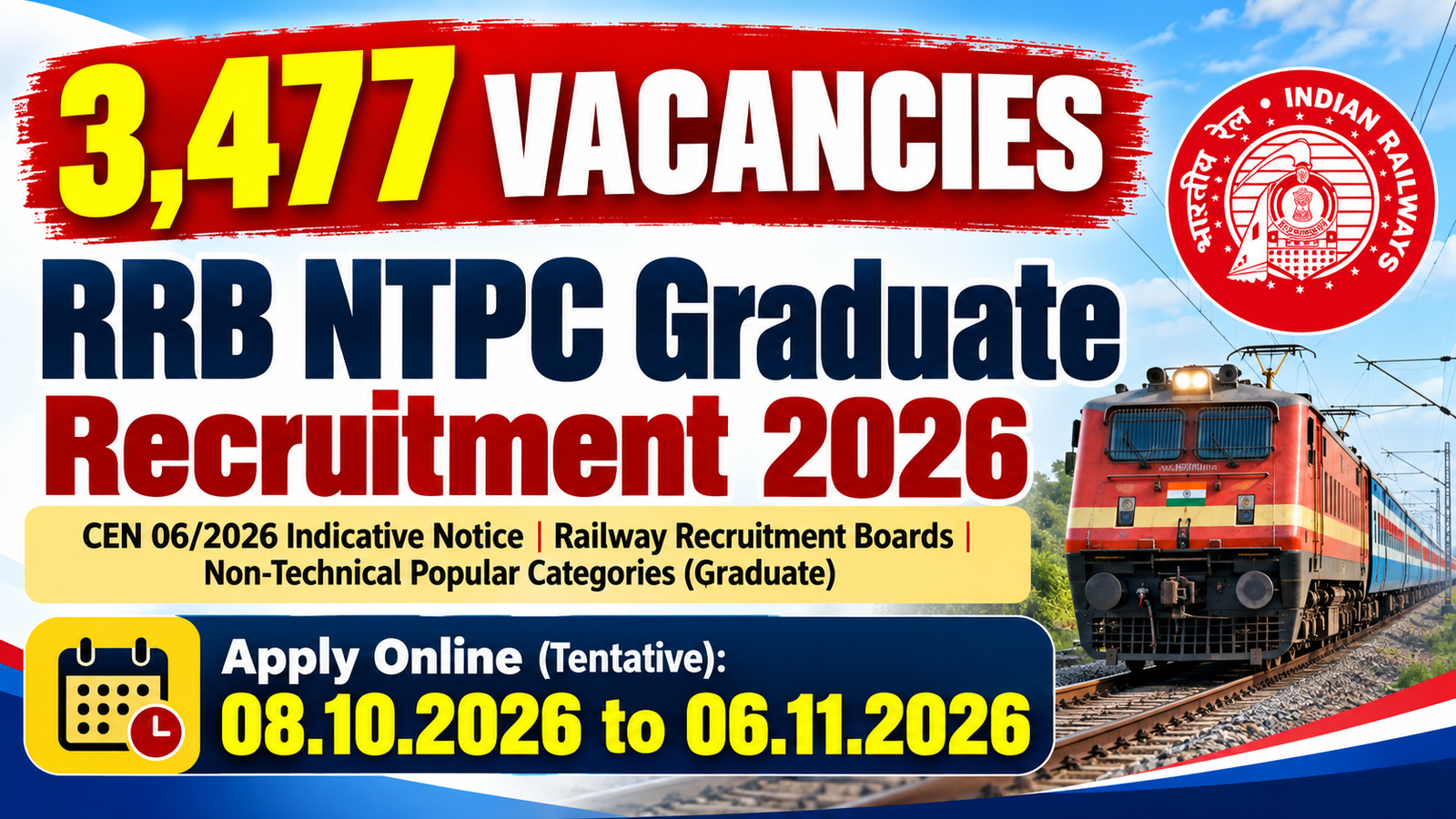 RRB NTPC Graduate Recruitment 2026 banner showing 3,477 vacancies under CEN 06/2026 with tentative application dates 08.10.2026 to 06.11.2026