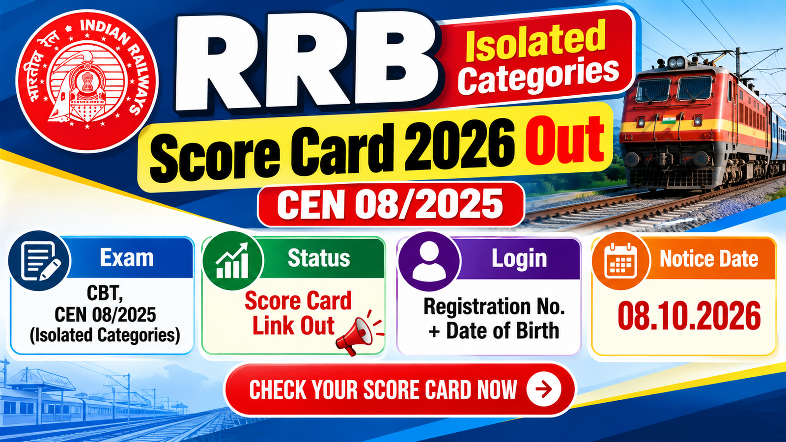 RRB Isolated Categories score card 2026 out for CEN 08/2025 CBT, notice dated 08.10.2026