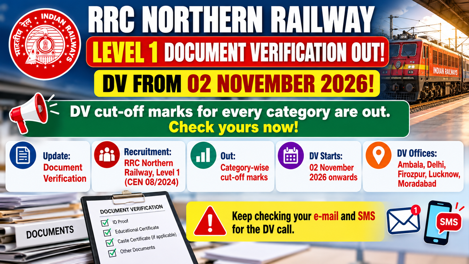 RRC Northern Railway Level 1 Document Verification out, DV from 02 November 2026