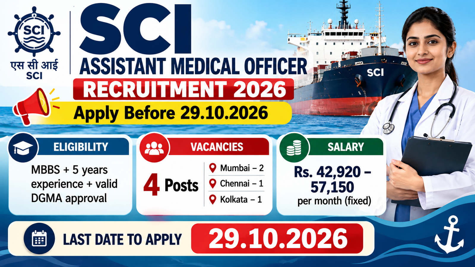 SCI Assistant Medical Officer Recruitment 2026: 4 contract posts in Mumbai, Chennai and Kolkata, last date 29.10.2026
