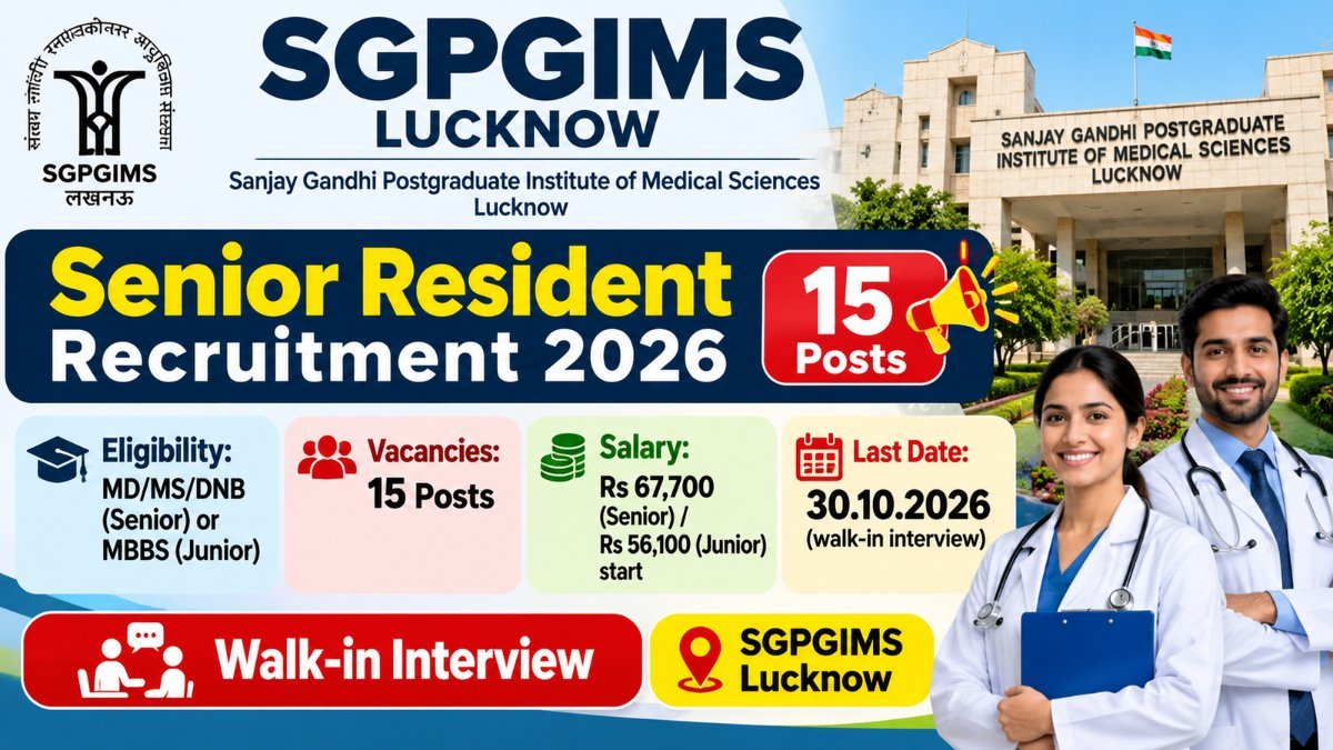 SGPGIMS Lucknow Senior Resident Recruitment 2026 banner – 15 posts, walk-in interview 30.10.2026
