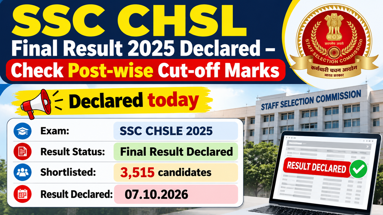 SSC CHSL Final Result 2025 declared on 07.10.2026 with 3,515 candidates shortlisted against 3,522 vacancies