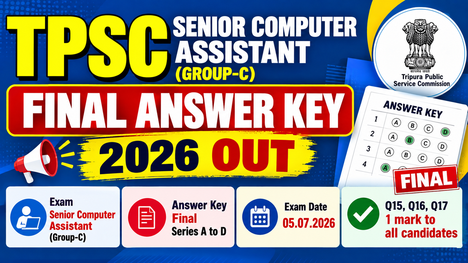 TPSC Senior Computer Assistant Group-C final answer key 2026 out banner, Series A to D, exam held 05.07.2026, Q15 Q16 Q17 1 mark to all candidates