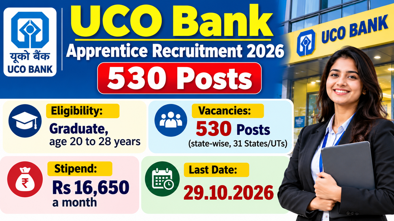 UCO Bank Apprentice Recruitment 2026 - 530 vacancies