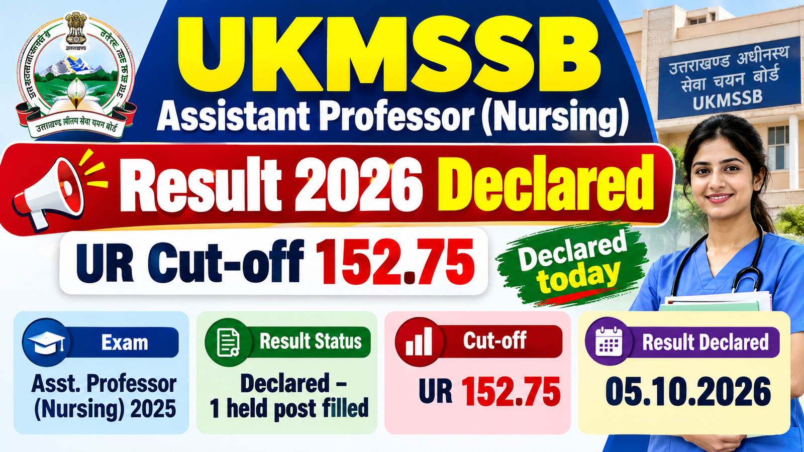 UKMSSB Assistant Professor Nursing Result 2026 declared, UR cut-off 152.75