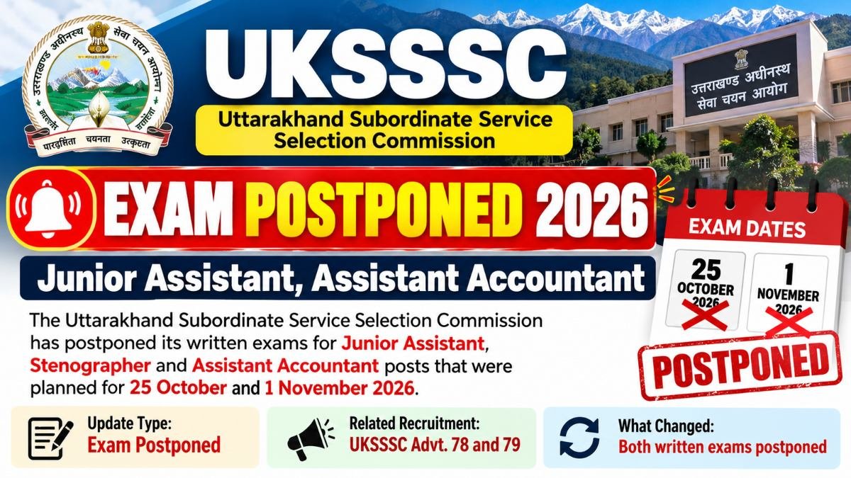 UKSSSC exam postponed 2026 banner: written exams for Junior Assistant, Stenographer and Assistant Accountant planned for 25 October and 1 November 2026 are postponed