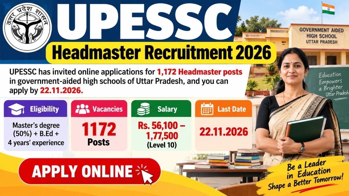 UPESSC Headmaster Recruitment 2026 banner: 1,172 posts in government-aided high schools of Uttar Pradesh, last date 22.11.2026