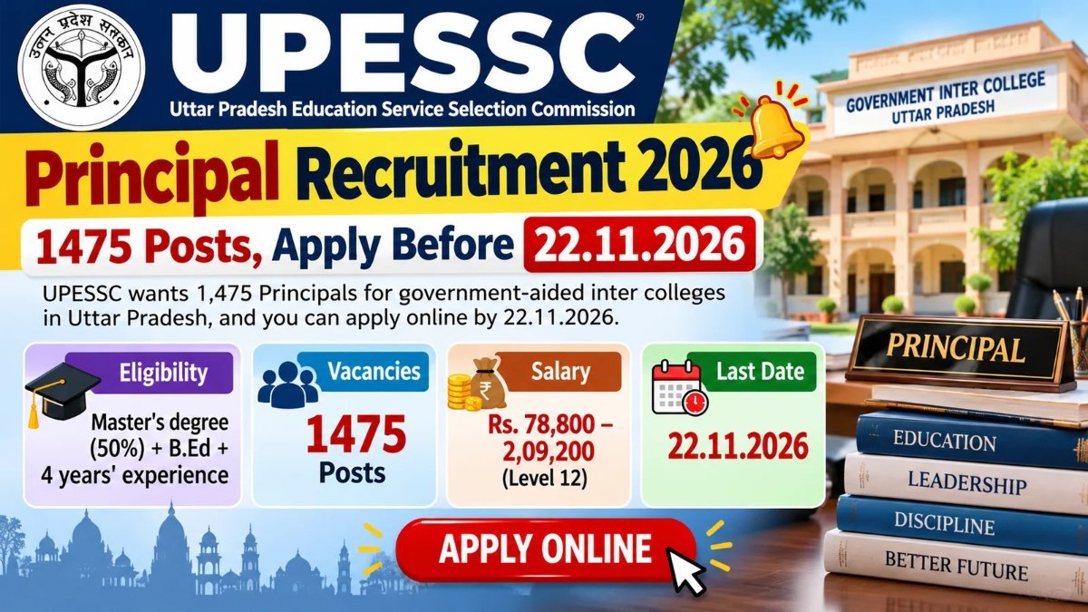 UPESSC Principal Recruitment 2026 banner: 1475 posts, Master's degree with B.Ed and 4 years experience, last date 22.11.2026