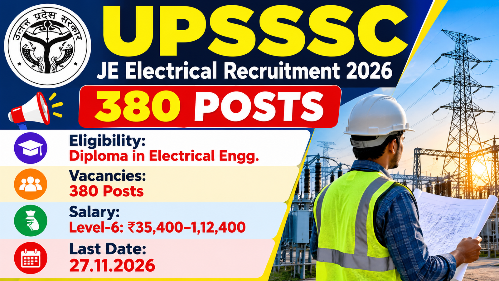 UPSSSC JE Electrical Recruitment 2026 banner showing 380 vacancies