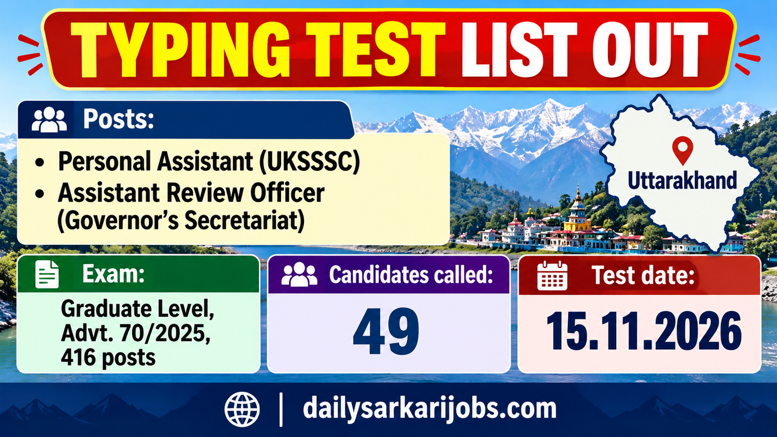 UKSSSC Typing and Shorthand Test list out for Personal Assistant and Assistant Review Officer, test on 15.11.2026