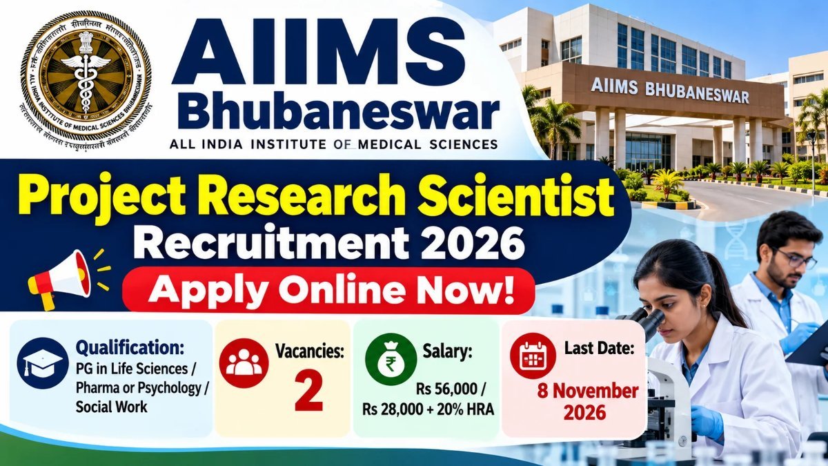 AIIMS Bhubaneswar Project Research Scientist Recruitment 2026 banner showing 2 vacancies, salary Rs 56,000 and Rs 28,000 plus 20% HRA, and last date 8 November 2026