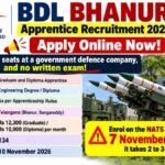 BDL Bhanur Apprentice Recruitment 2026 poster: 134 Graduate and Diploma apprentice seats in Telangana, stipend Rs 12,300 and Rs 10,900 a month, last date 10 November 2026