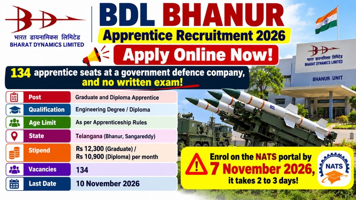 BDL Bhanur Apprentice Recruitment 2026 poster: 134 Graduate and Diploma apprentice seats in Telangana, stipend Rs 12,300 and Rs 10,900 a month, last date 10 November 2026