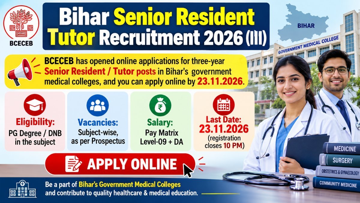 Bihar Senior Resident Tutor Recruitment 2026 (III) banner: BCECEB online applications, last date 23.11.2026