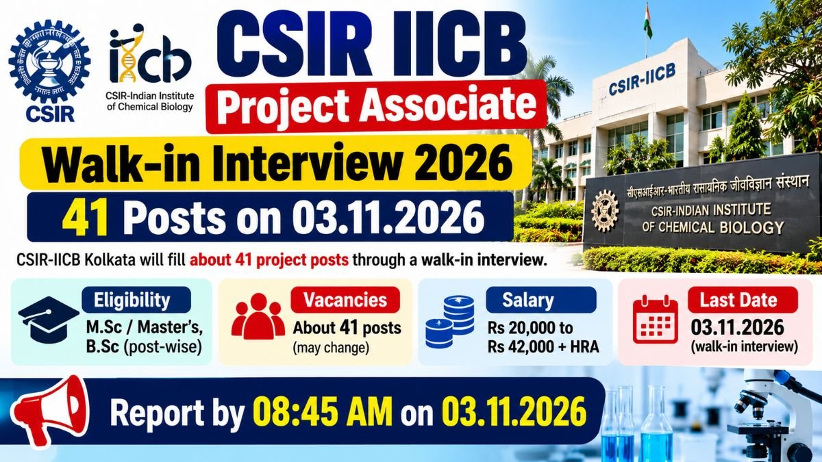 CSIR IICB Kolkata walk-in interview 2026 banner: 41 project posts, Project Associate, interview on 03.11.2026