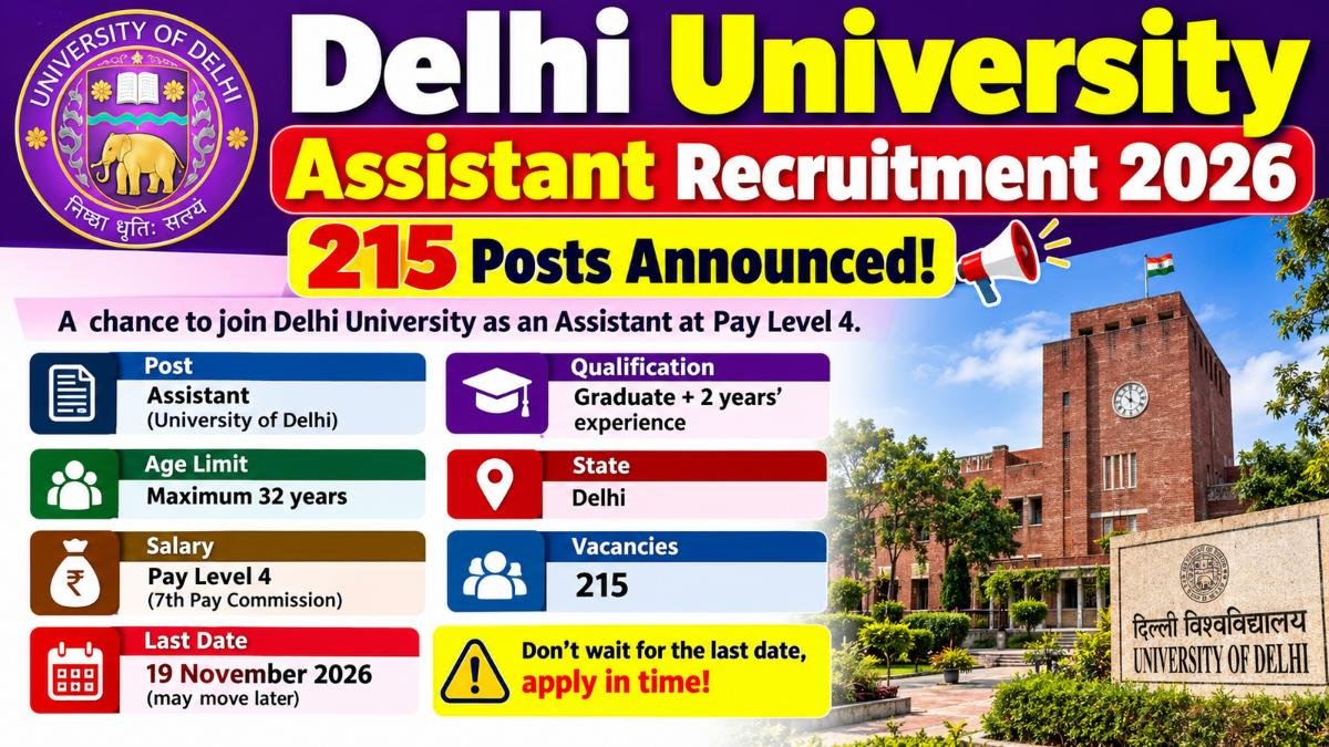 Delhi University Assistant Recruitment 2026 banner: 215 posts, Pay Level 4, last date 19 November 2026