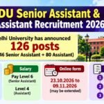 DU Senior Assistant and Assistant Recruitment 2026 banner: 126 posts, graduate with 2-3 years experience, online form 23.10.2026 to 09.11.2026