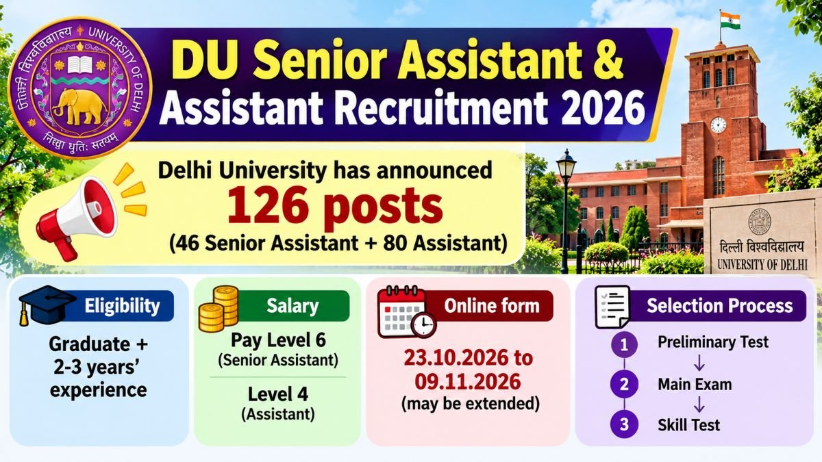 DU Senior Assistant and Assistant Recruitment 2026 banner: 126 posts, graduate with 2-3 years experience, online form 23.10.2026 to 09.11.2026