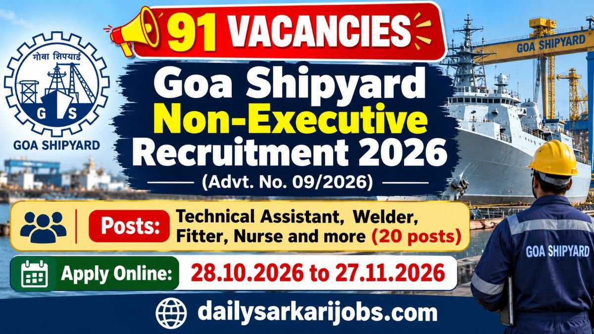 Goa Shipyard Non-Executive Recruitment 2026 poster: 91 vacancies, Advt. No. 09/2026, apply online 28.10.2026 to 27.11.2026