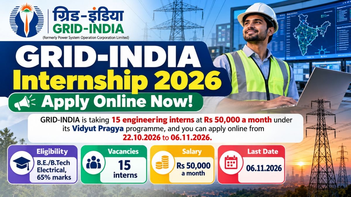 GRID-INDIA Vidyut Pragya Internship 2026 poster: 15 interns, Rs 50,000 a month, apply online by 06.11.2026