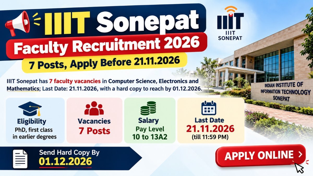 IIIT Sonepat Faculty Recruitment 2026 banner: 7 posts, PhD needed, apply before 21.11.2026