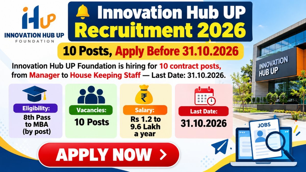 Innovation Hub UP Recruitment 2026 banner: 10 contract posts, Rs 1.2 to 9.6 lakh a year, last date 31.10.2026