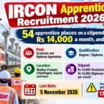 IRCON Apprentice Recruitment 2026 – 54 Posts, Apply Before 05.11.2026 IRCON Apprentice Recruitment 2026: 54 apprentice places, stipend up to Rs 14,000 a month, last date 5 November 2026