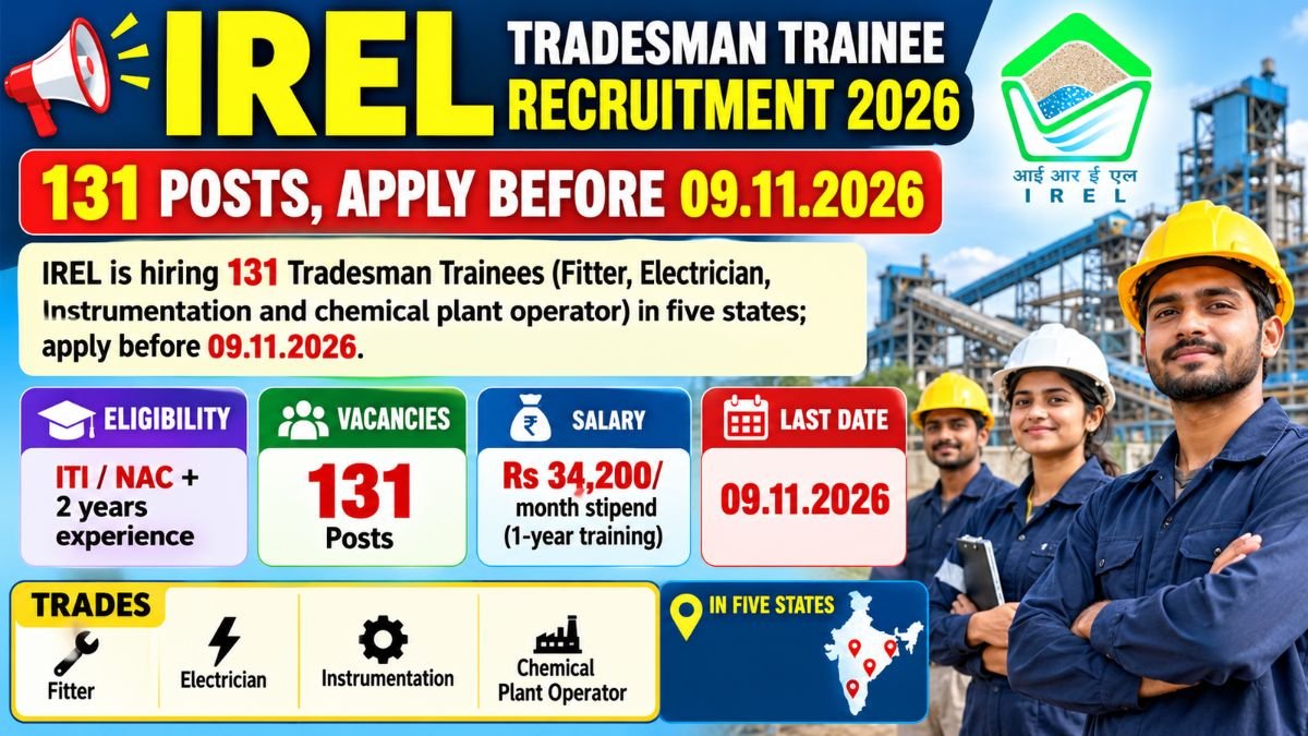 IREL Tradesman Trainee Recruitment 2026 banner: 131 posts, apply before 09.11.2026