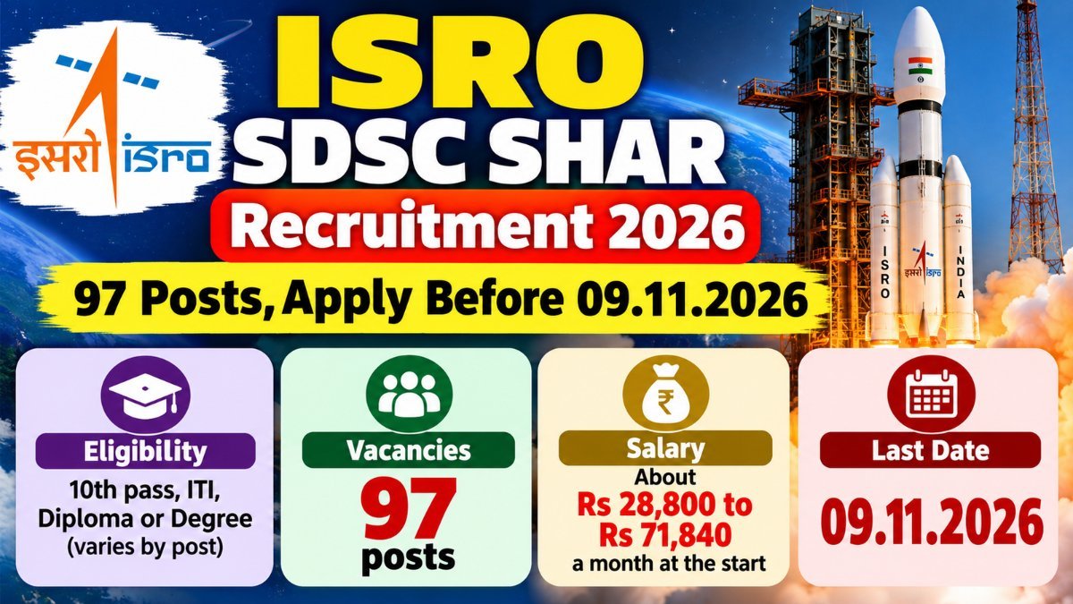 ISRO SDSC SHAR Recruitment 2026 banner: 97 posts, apply before 09.11.2026, 10th pass, ITI, Diploma or Degree