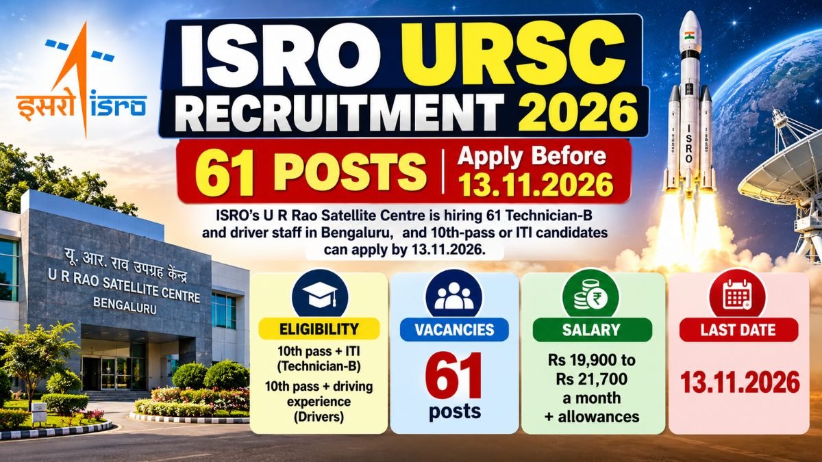 ISRO URSC Recruitment 2026 poster: 61 Technician-B and driver posts, apply before 13.11.2026