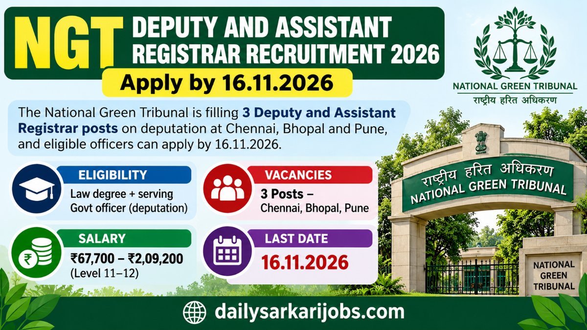 NGT Deputy and Assistant Registrar Recruitment 2026 infographic showing 3 posts at Chennai, Bhopal and Pune and last date 16.11.2026