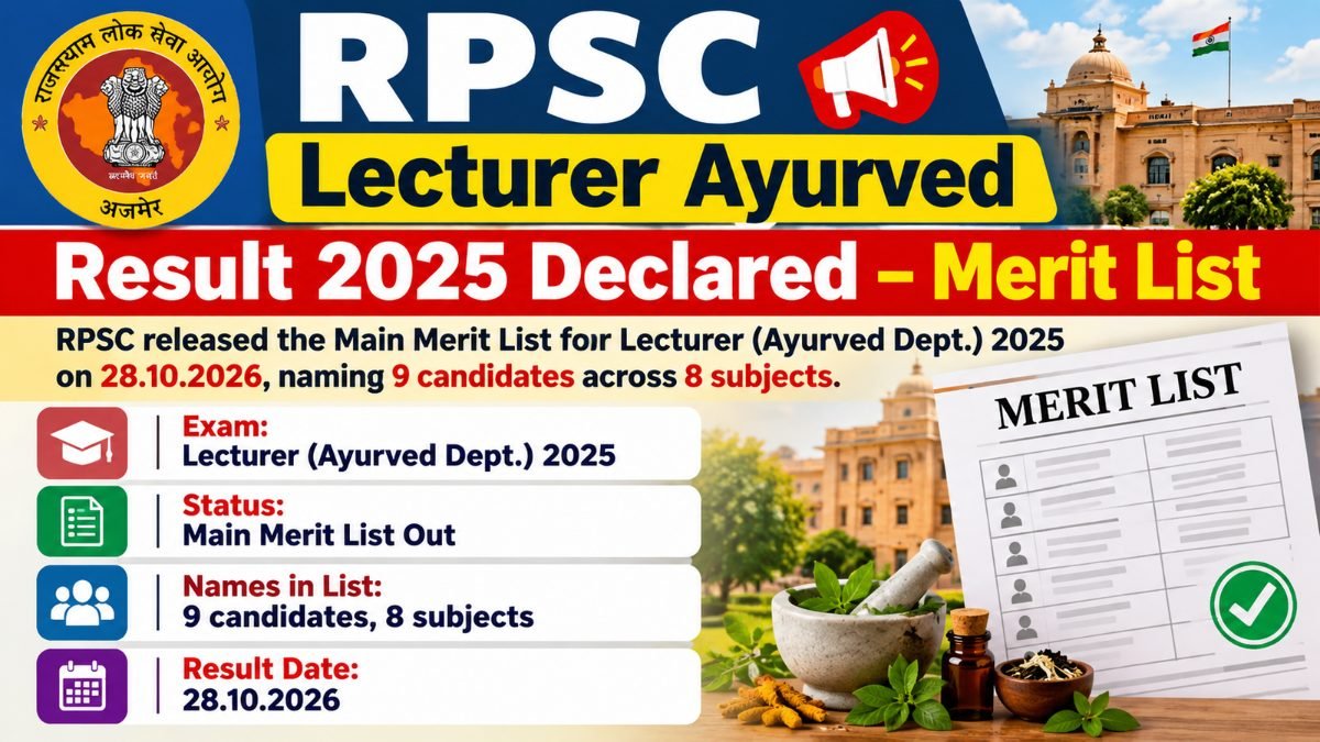 RPSC Lecturer Ayurved Result 2025 declared banner showing Main Merit List with 9 candidates across 8 subjects, dated 28.10.2026