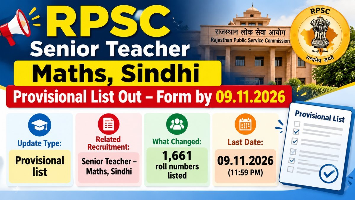 RPSC Senior Teacher Maths and Sindhi provisional list out, detailed form last date 09.11.2026