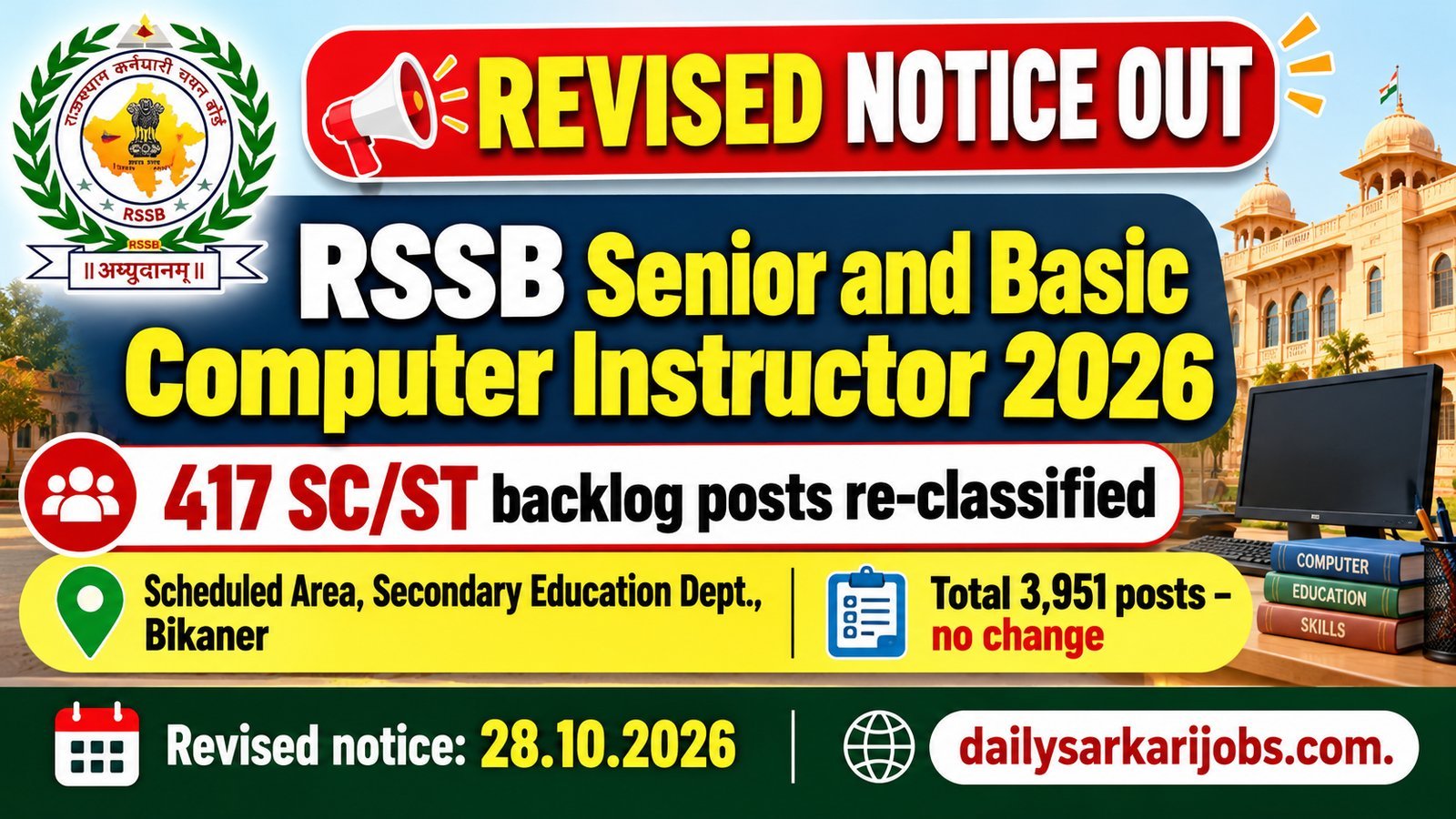 RSSB Senior and Basic Computer Instructor 2026 revised notice: 417 SC/ST backlog posts re-classified, total 3,951 posts, notice dated 28.10.2026