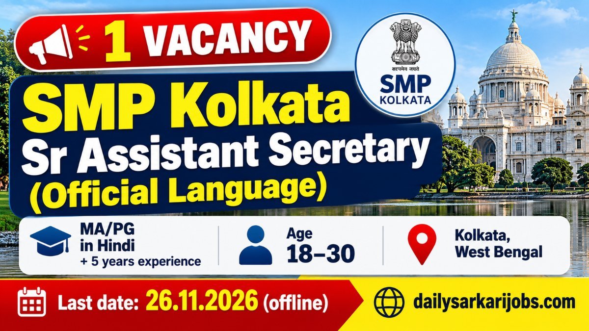 SMP Kolkata Sr Assistant Secretary (Official Language) recruitment 2026 banner showing 1 vacancy, MA or PG in Hindi with 5 years experience, age 18 to 30, Kolkata West Bengal, last date 26.11.2026 offline