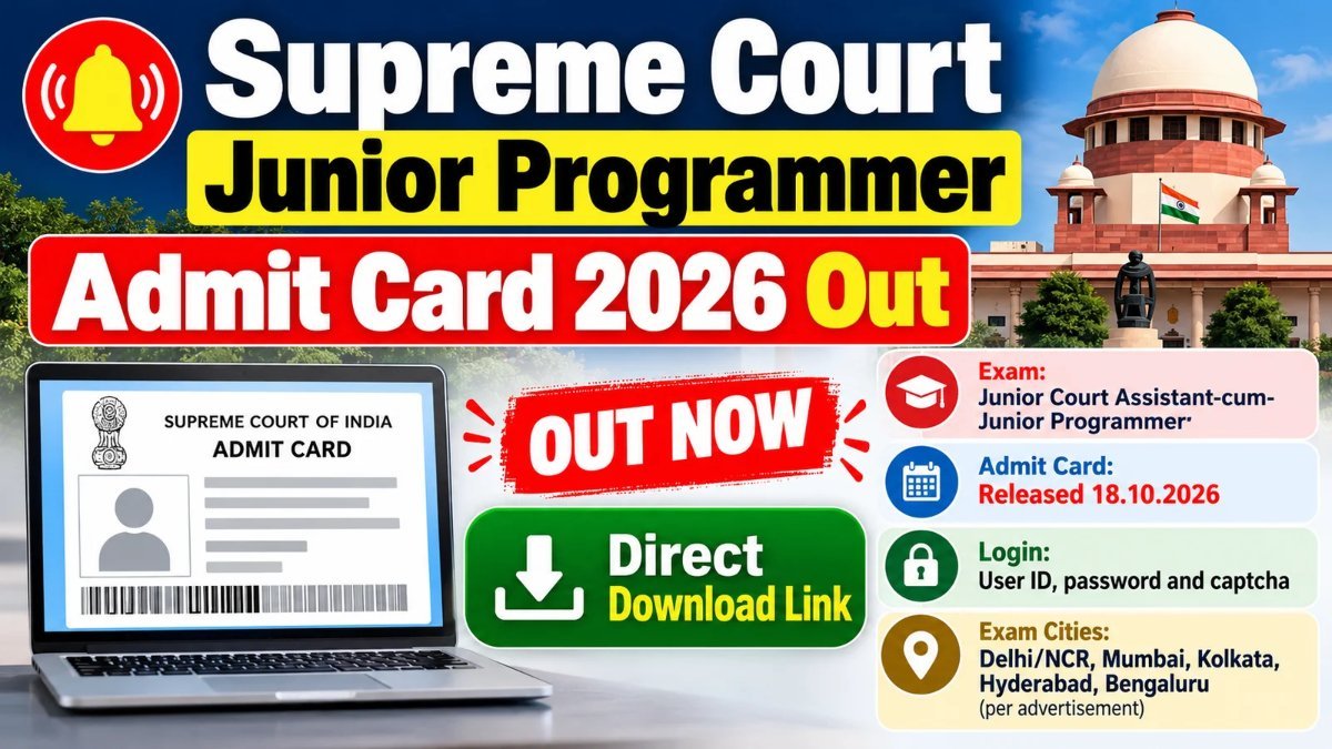 Supreme Court Junior Programmer Admit Card 2026 Out banner showing the Junior Court Assistant-cum-Junior Programmer admit card released on 18.10.2026 with a direct download link