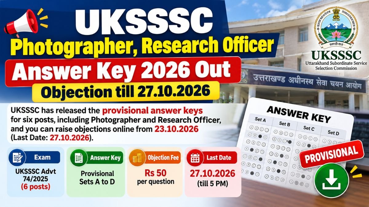 UKSSSC Photographer and Research Officer provisional answer key 2026, objection till 27.10.2026