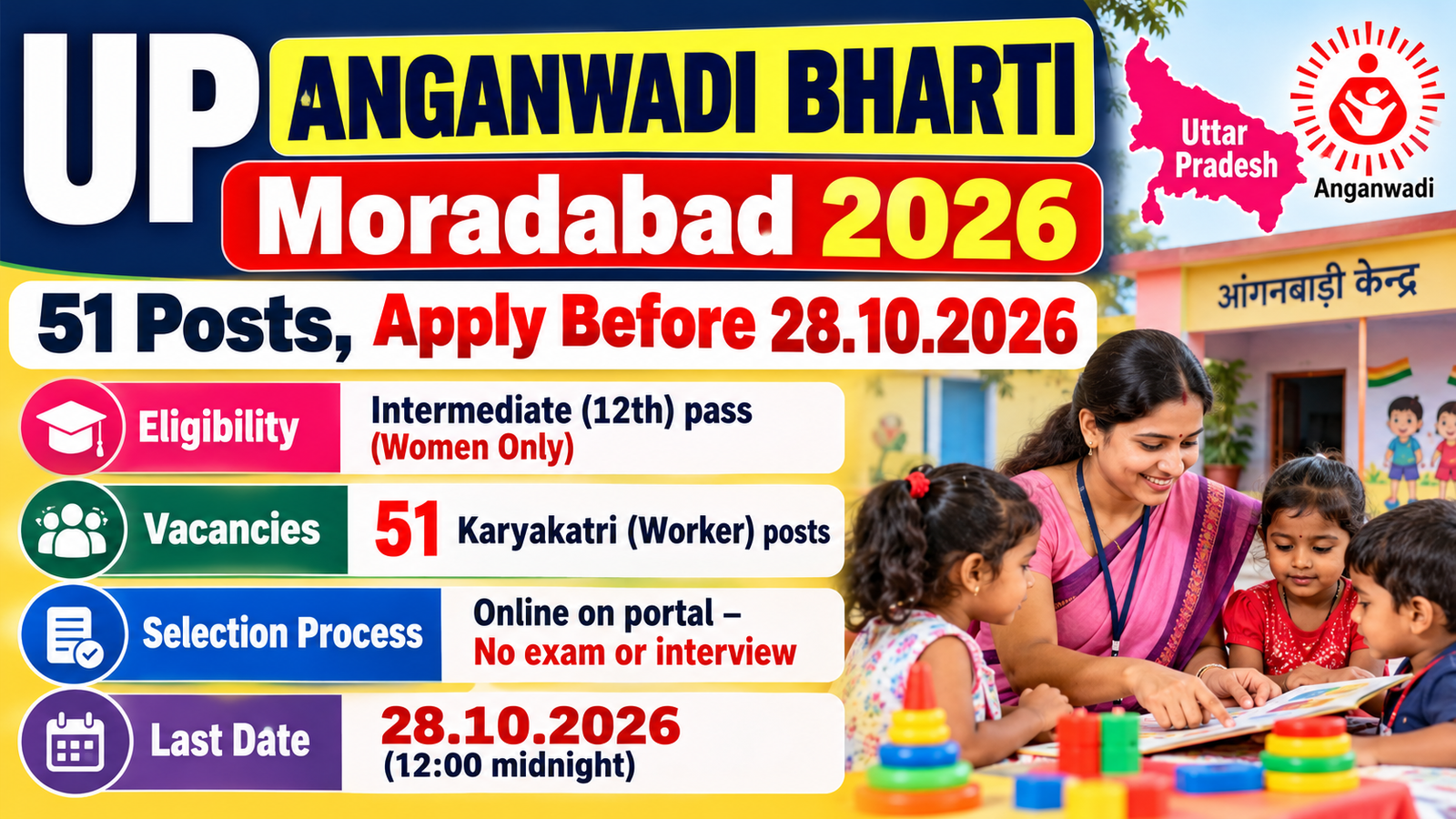 UP Anganwadi Bharti Moradabad 2026 banner: 51 Karyakatri (Worker) posts, women only, Intermediate 12th pass, online selection with no exam or interview, last date 28.10.2026